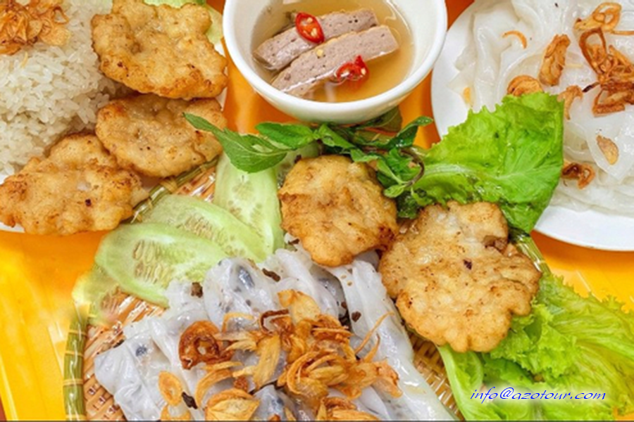 Rice Rolls Cake serves with  Grilled Squid Cake (Banh cuon cha muc)